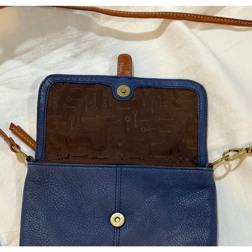 Fossil Blue Pebbled Leather Crossbody Bag Brown Trim Vintage Style - Picture 8 of 15
